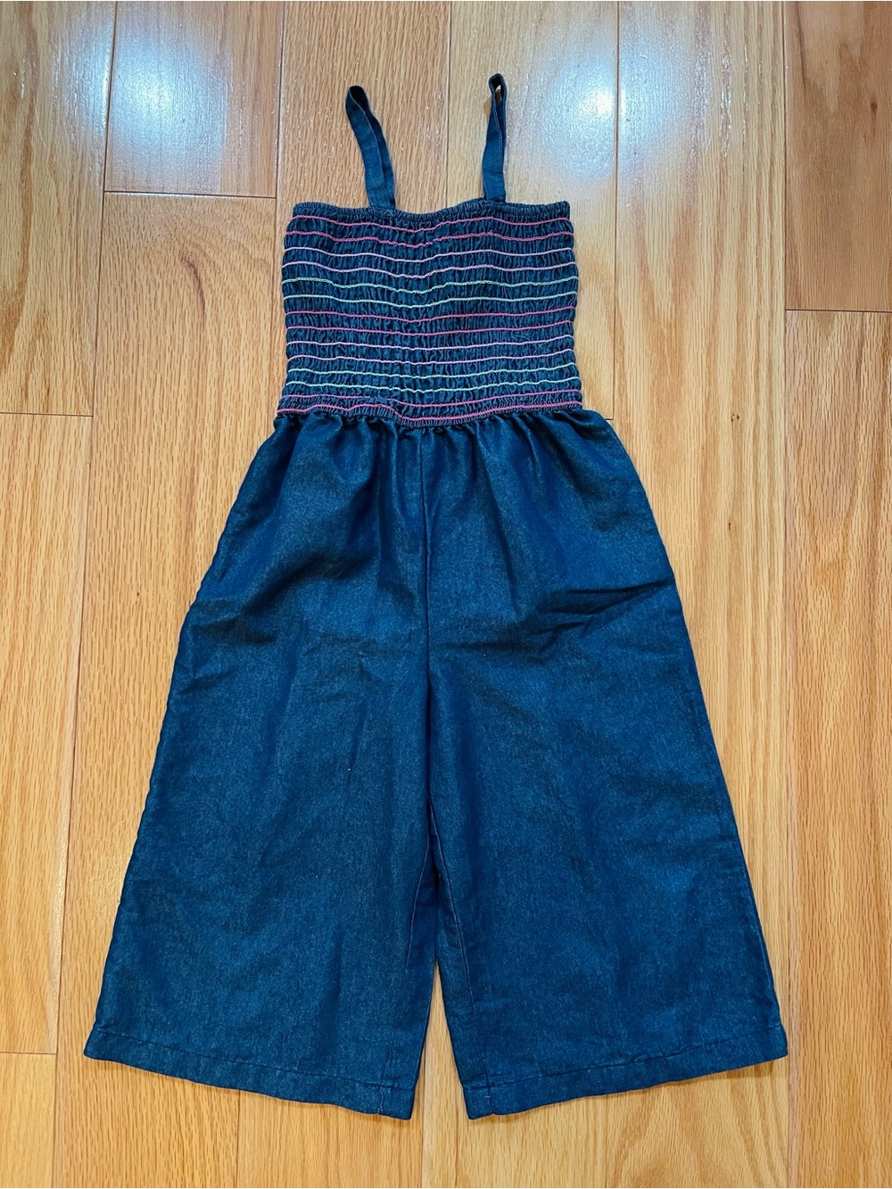 Girls Denim Smocked Jumpsuit One-Piece in Dark Blue